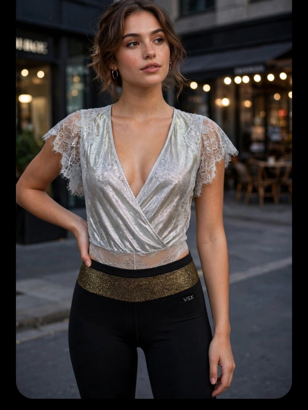 VSX Black Leggings with Metallic Waistband & Silver Lace Bodysuit